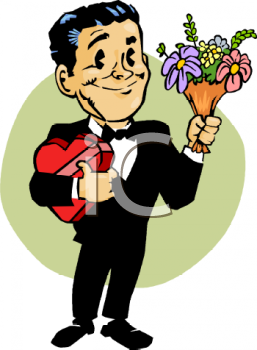 Old Fashioned Guy In A Tux Bringing Flowers And Candy   Royalty Free    