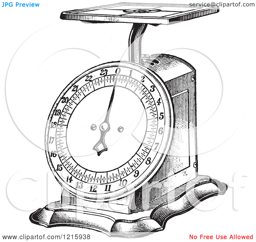 Vintage Clipart Of A Retro Kitchen Scale In Black And White   Royalty