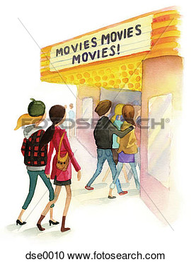 Watercolor Illustration Of People Going To A Movie Theater View