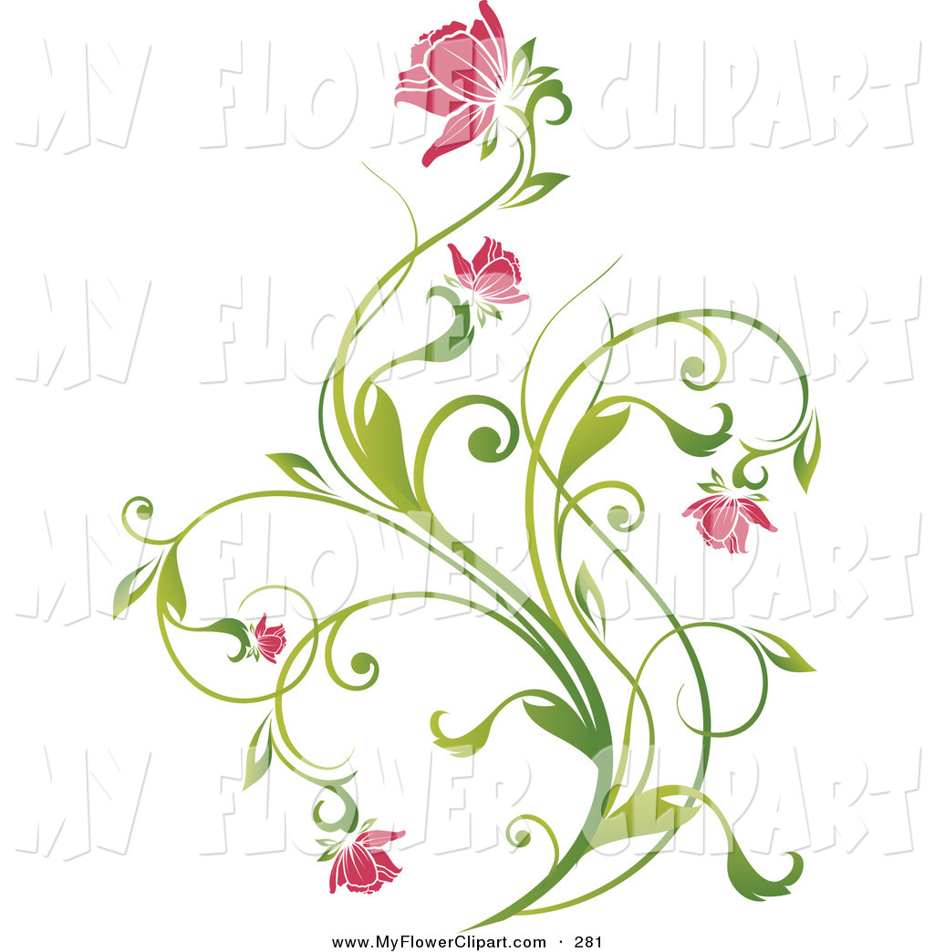Clip Art Of A Delicate Green Vine With Pink Blooming Flowers On A