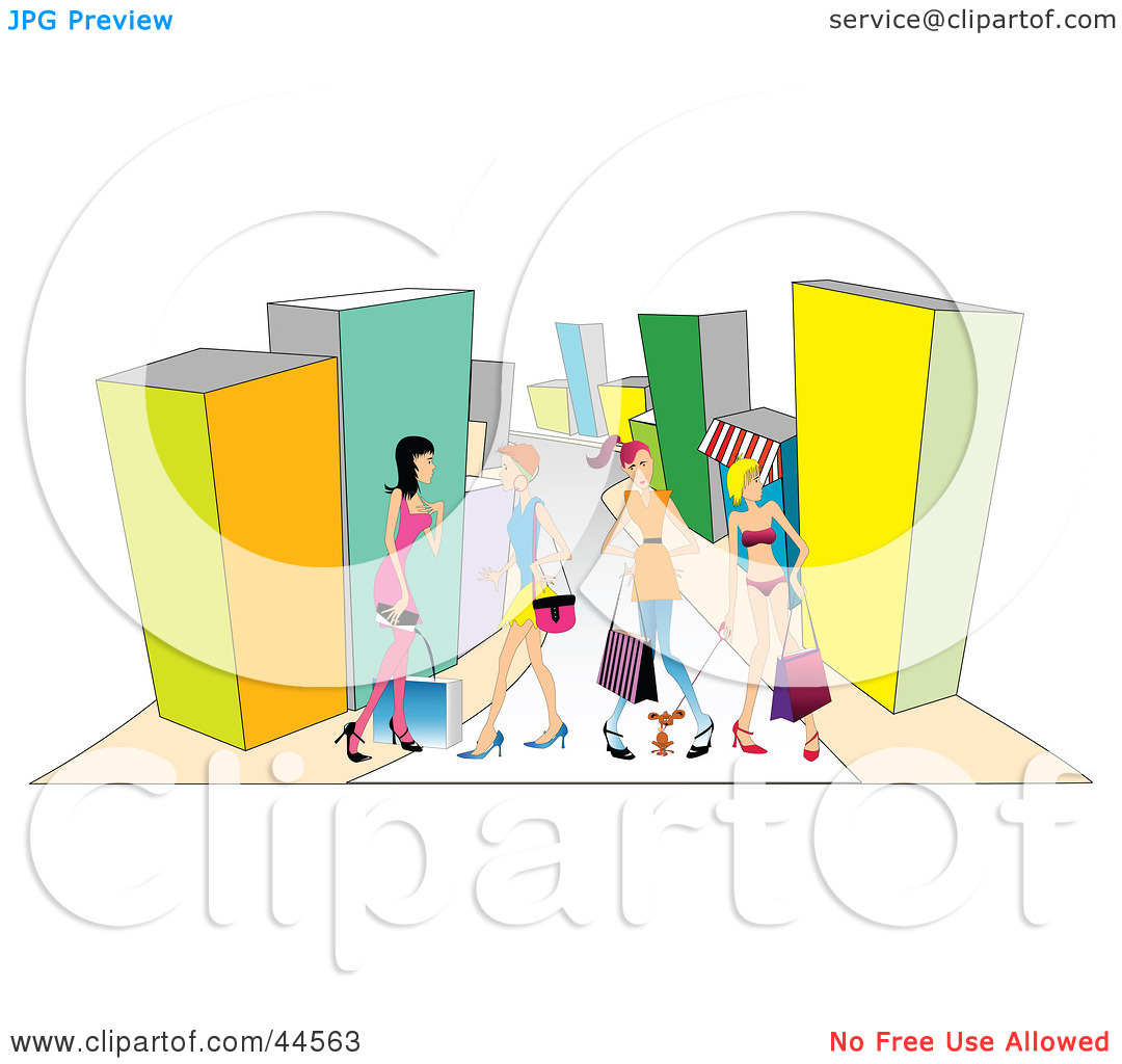 Clipart Illustration Of A Group Of Female Friends Shopping In A Mall