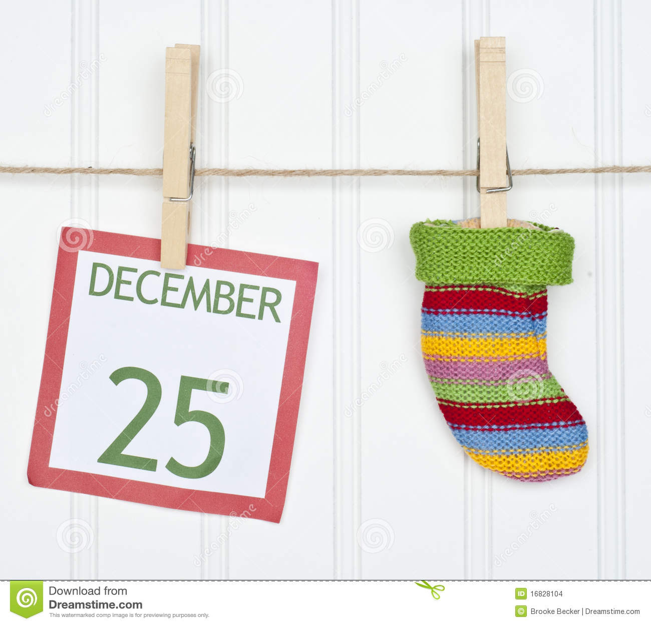 Holiday Stocking Or Sock On A Clothesline With A Christmas Calendar