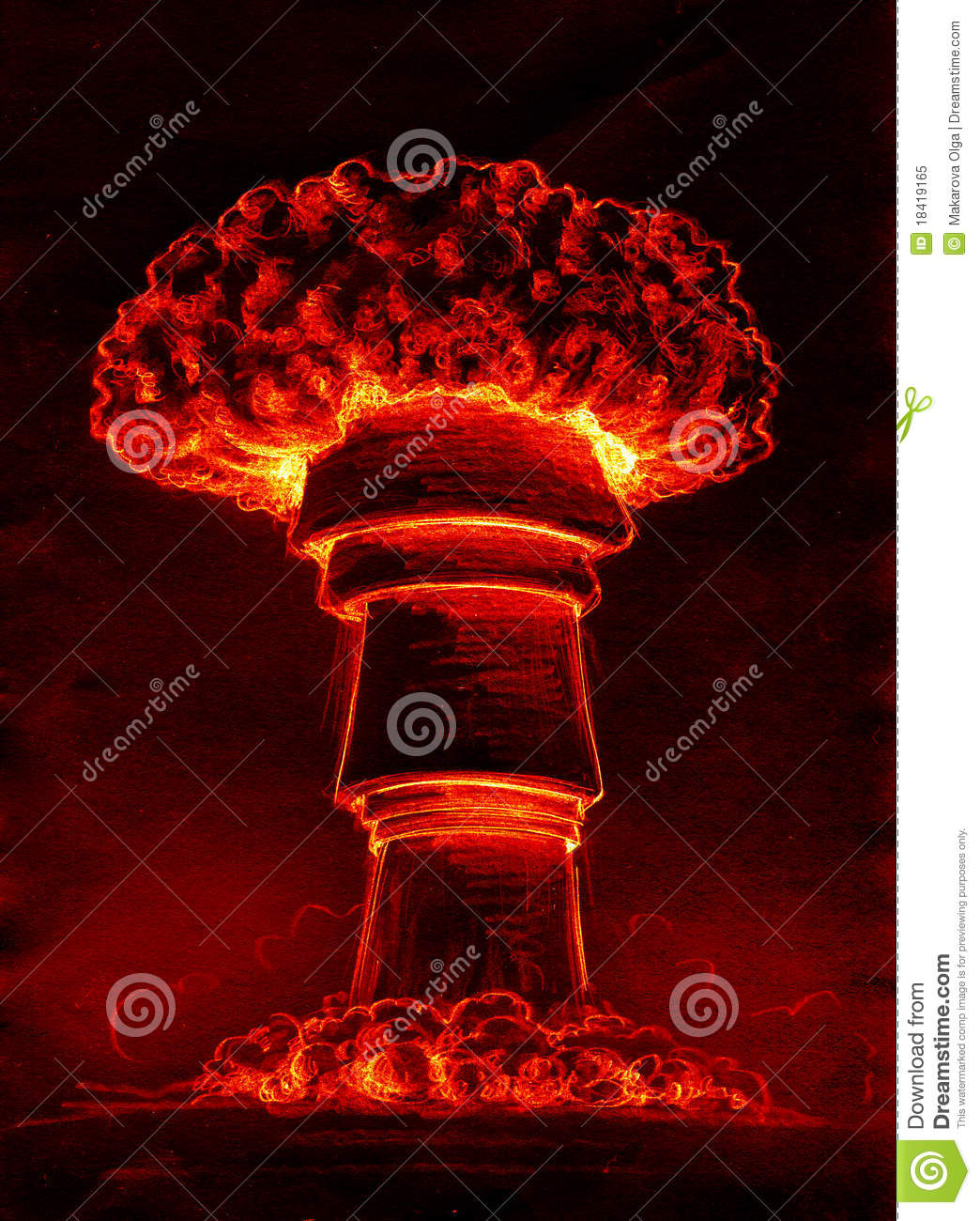 Mushroom Shaped Atomic Cloud In Flaming Red Tones  Pencil Drawing