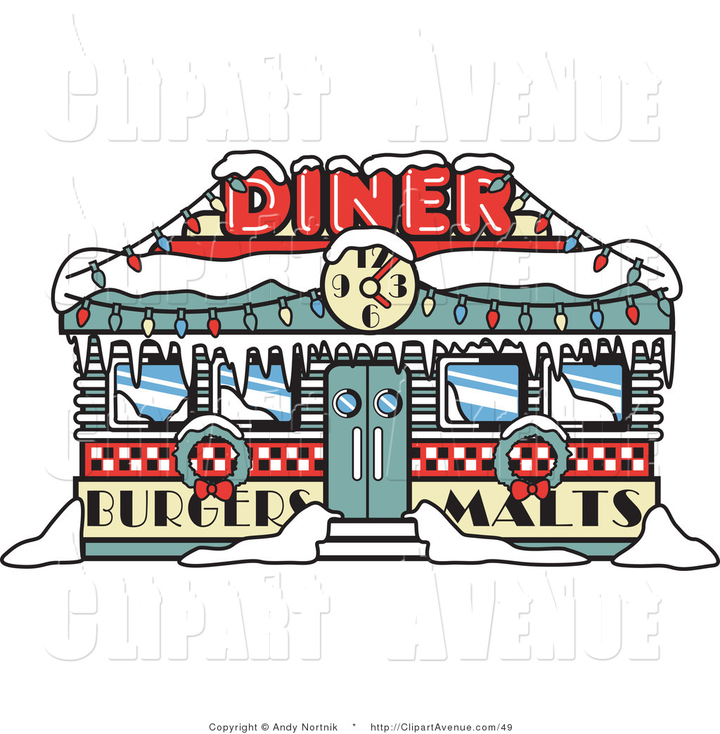 Retro Diner In Winter Time Decorated In Christmas Wreaths And Lights