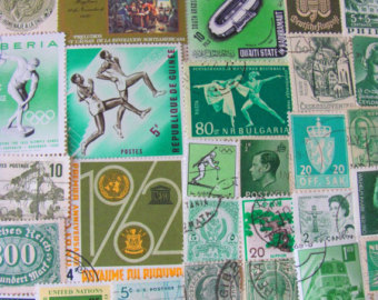 Shades Of Green 100 Vintage Postage Stamps March Madness Lime Emerald
