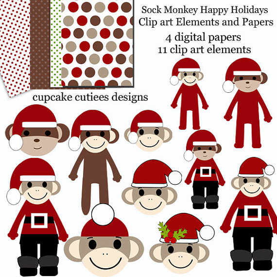Sock Monkey Holiday Christmas Digital Clipart Elements And Papers