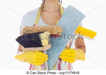 Stock Photo   Woman Holding Brushes And Mops   Stock Image Images    