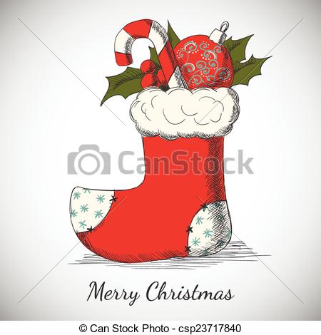 Vector   Holiday Background With Christmas Hand Drawn Sock   Stock