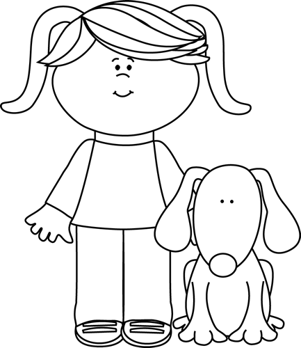 Black And White Girl With Pet Dog Clip Art   Black And White Girl With