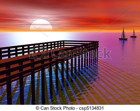 Clipart Of 3d Rendered Pier At Sunset   Pier At Sunset With Yachts