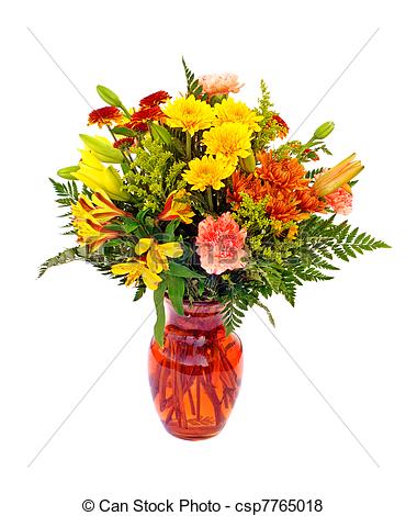 Fresh Fall Color Flower Arrangement In Orange Vase Isolated On White