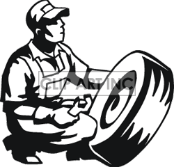Royalty Free Black And White Man Working On A Tire Clip Art Image