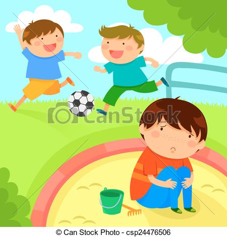 Vector Clipart Of Lonely Boy   Sad Lonely Boy Looking At Kids Playing