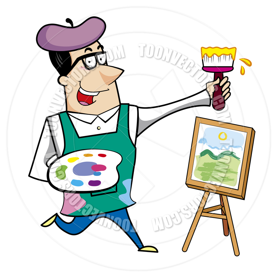 Cartoon Artist With Paintbrush And Canvas Easel By Totallypic Com    