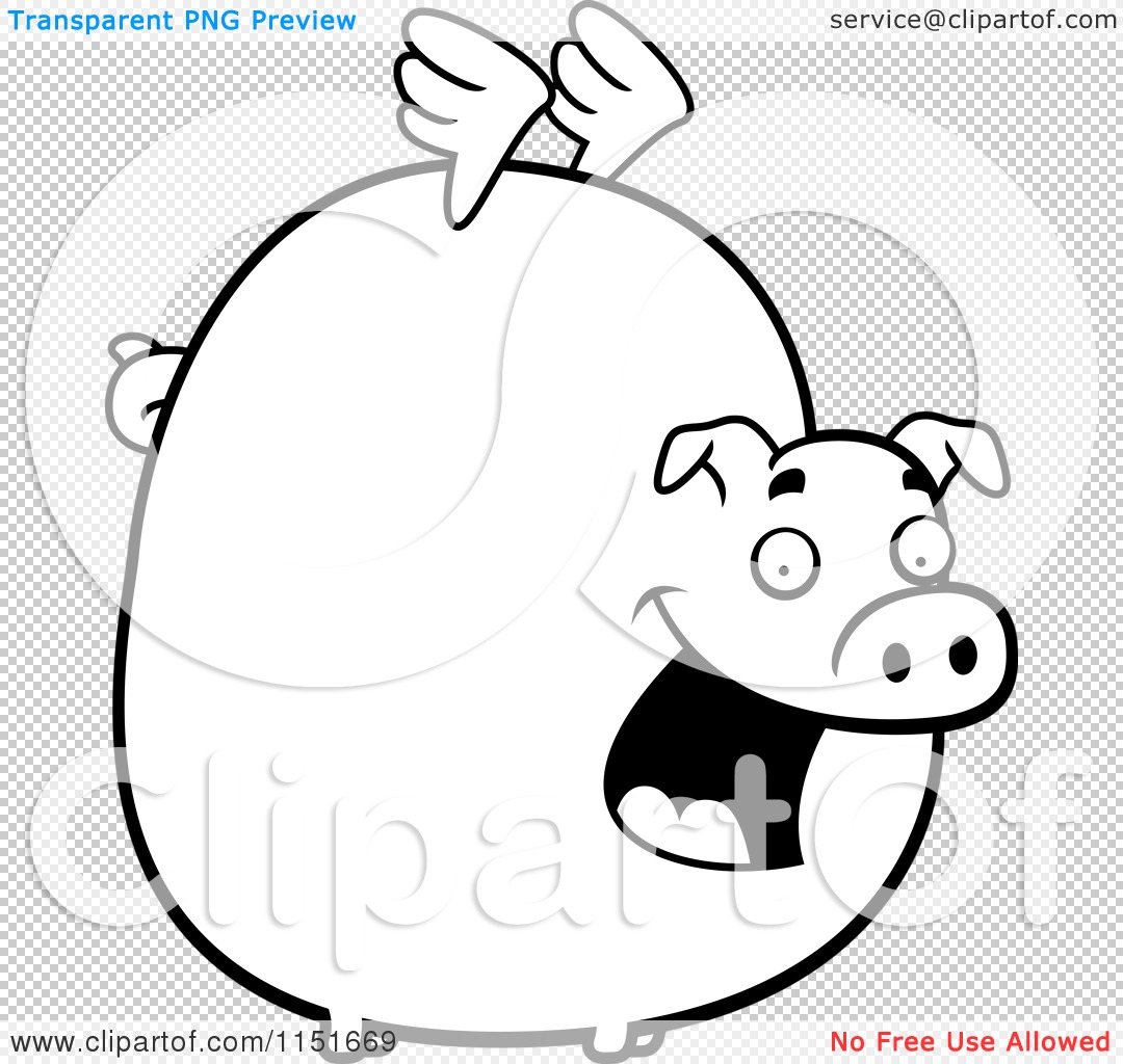 Cartoon Clipart Of A Black And White Fat Flying Pig With Little Wings    