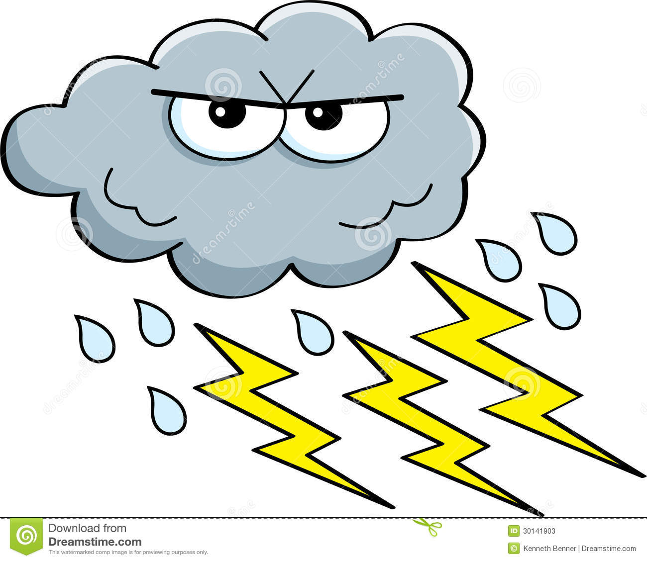 Cartoon Illustration Of A Storm Cloud With Rain And Lightning