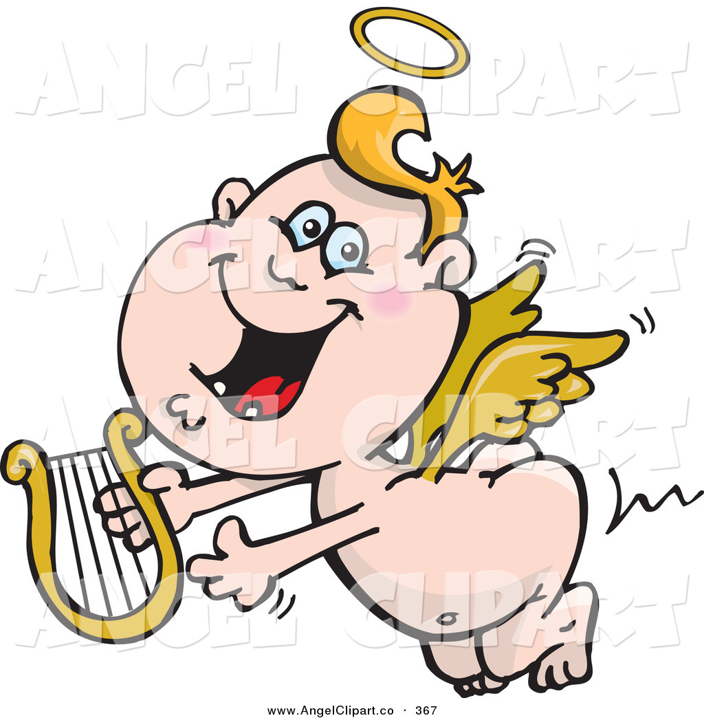 Cute Happy Blond Angel Guy Flying With A Lyre Innocent Brown Dog Angel