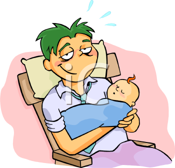 Exhausted New Dad Holding His Sleeping Son   Royalty Free Clip Art