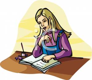 Girl Reading And Chewing On Her Pen   Royalty Free Clipart Picture
