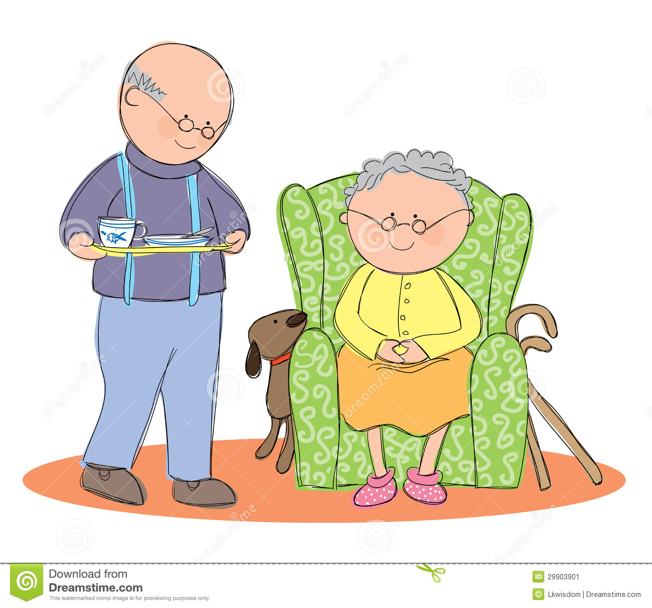 Hand Drawn Picture Of An Old Man Providing Home Care For His Wife    