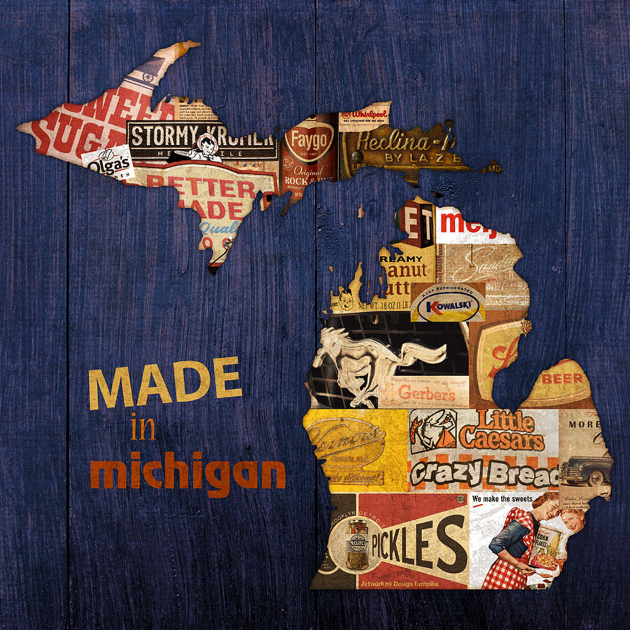 Made In Michigan Products Vintage Map On Wood Mixed Media