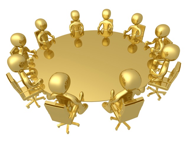 Meeting At A Round Golden Conference Table Clipart Illustration Image