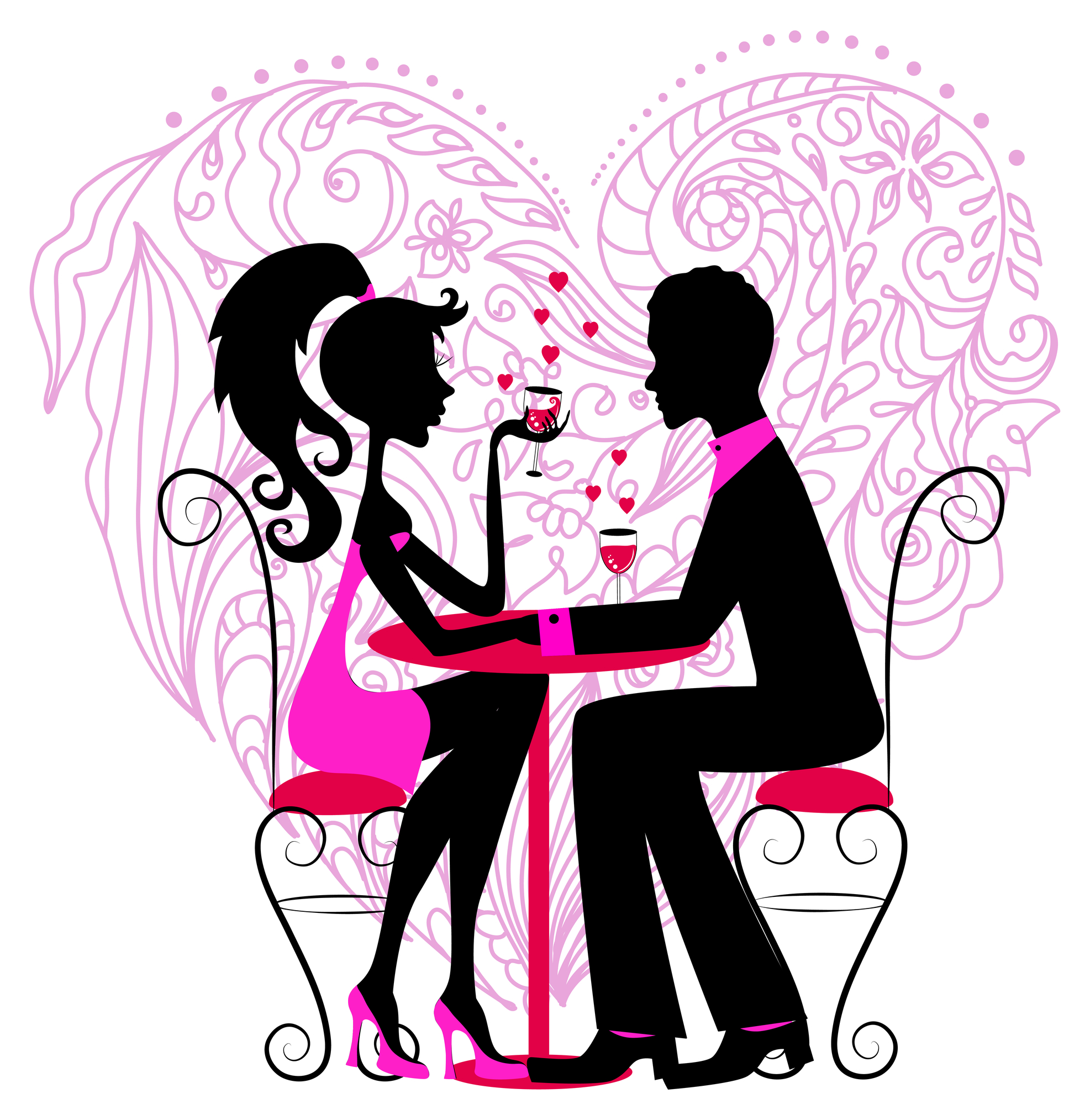 Silhouette Of The Romantic Couple Over Floral Heart For Valentine