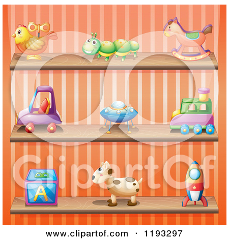 Toys On Shelves Over Striped Wallpaper 4   Royalty Free Vector Clipart
