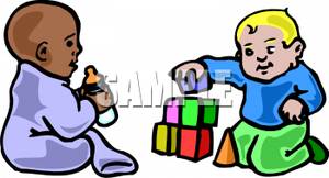 Two Toddlers Playing Blocks Together   Royalty Free Clipart Picture