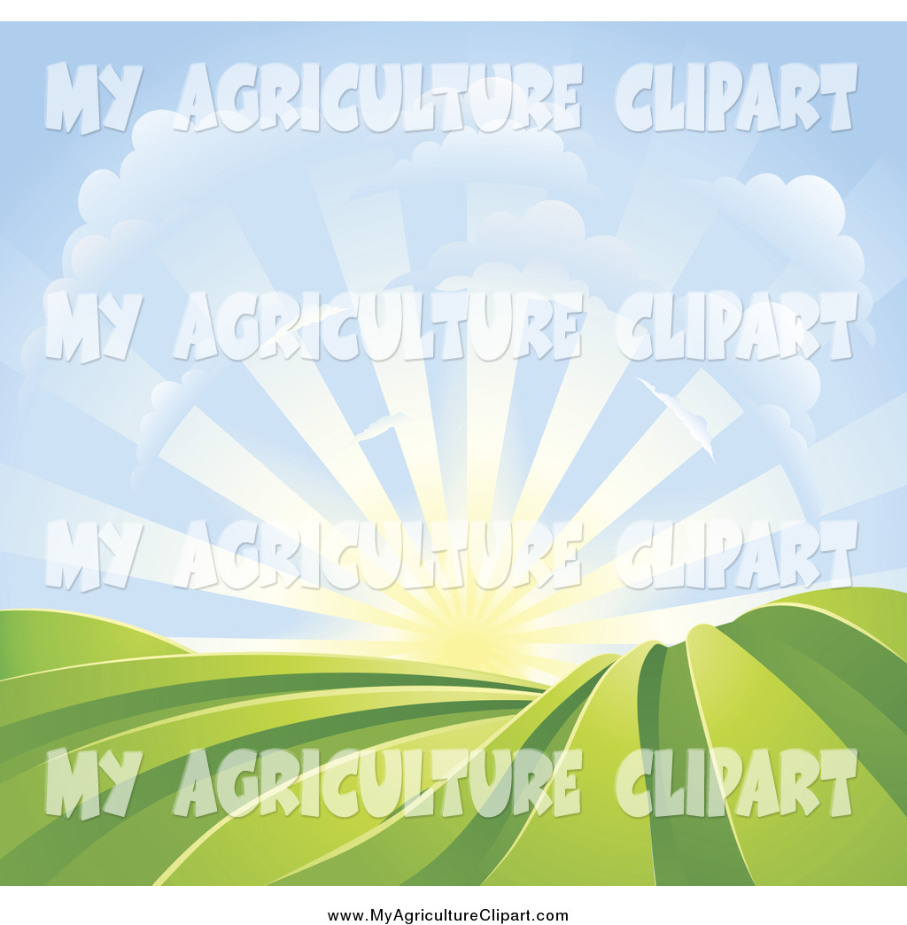 Vector Agriculture Clipart Of A Sun Rising Over Hilly Crops