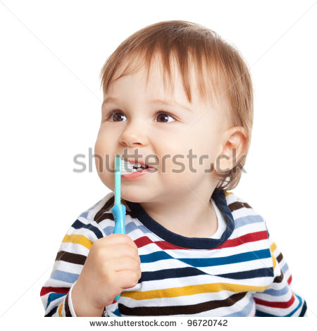 Adorable One Year Old Child Learning To Brush Teeth Isolated On White