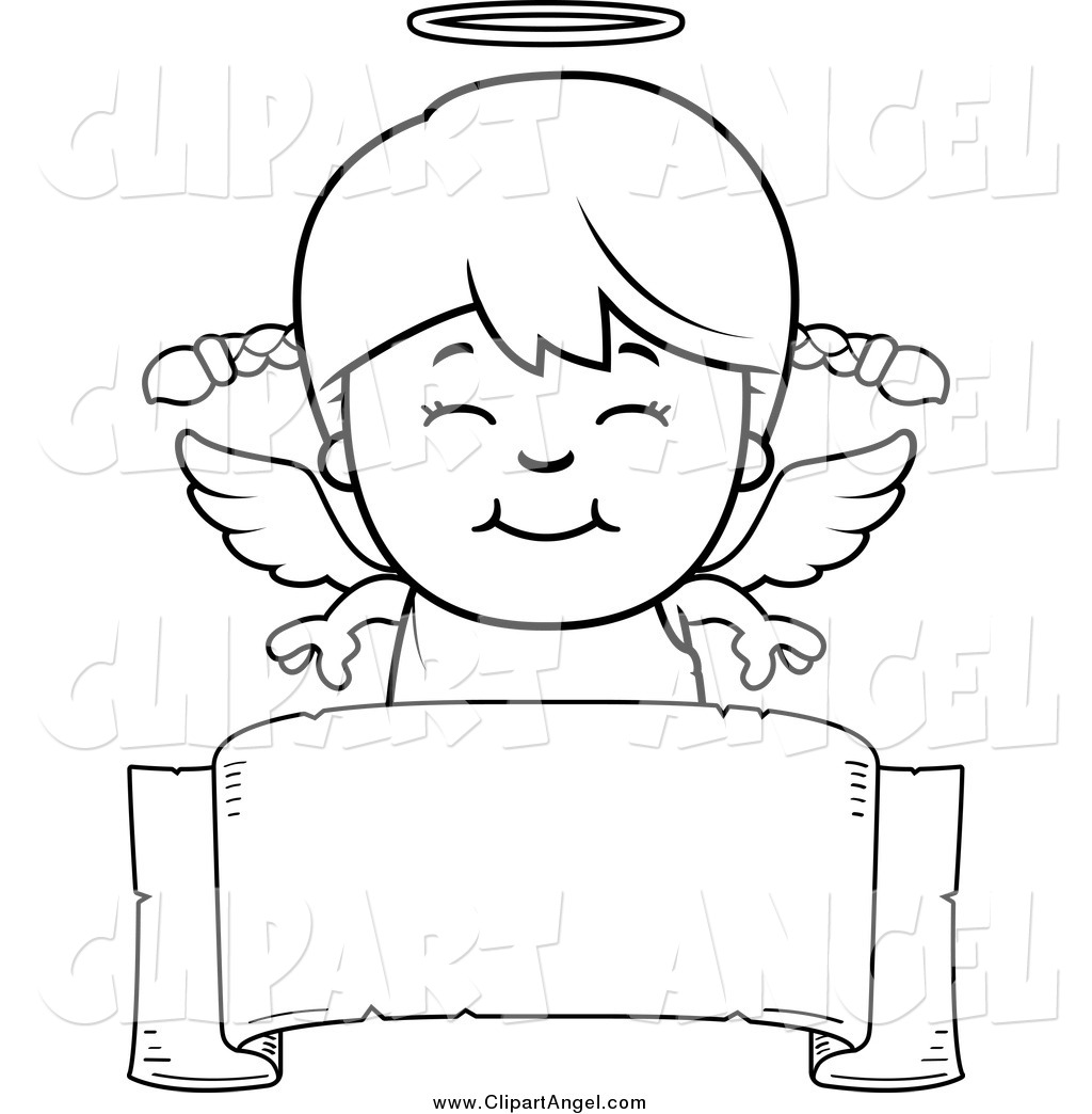 Black And White Happy Angel Girl Over A Blank Ribbon Banner By Cory