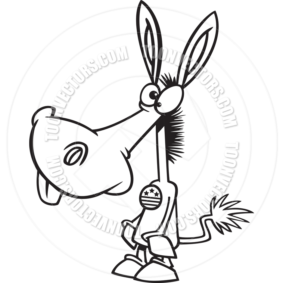 Cartoon Democrat Donkey Voter  Black And White Line Art  By Ron
