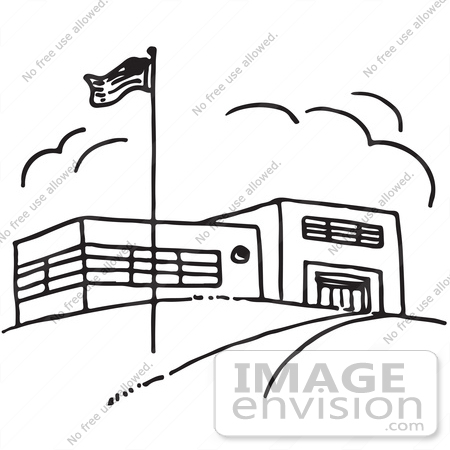 Clipart Of A Flag And School Building In Black And White   Royalty    