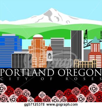 Portland Downtown Skyline With Mount Hood And River Colors  Clip Art