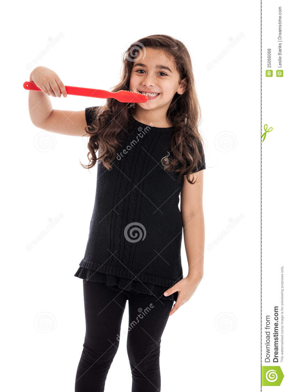 Year Old Girl Brushing Her Teeth With A Giant Plastic Toothbrush