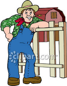 Cartoon Farmer Leaning On A Fence By His Barn   Royalty Free Clipart    