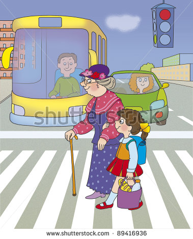Girl Helps Her Grandmother Cross The Street On A Green Traffic Light