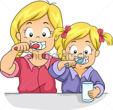 Of Female Siblings Brushing Their Teeth Together Stock Vector
