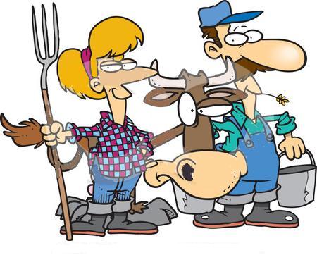 Rf Clip Art Illustration Of A Cartoon Farmer Couple With A Cow Jpg