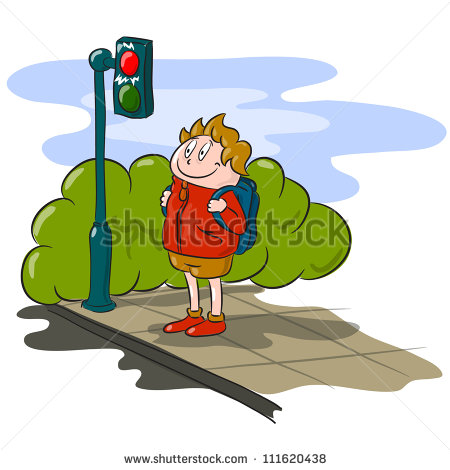 The Boy Waiting To Cross The Road   Stock Photo