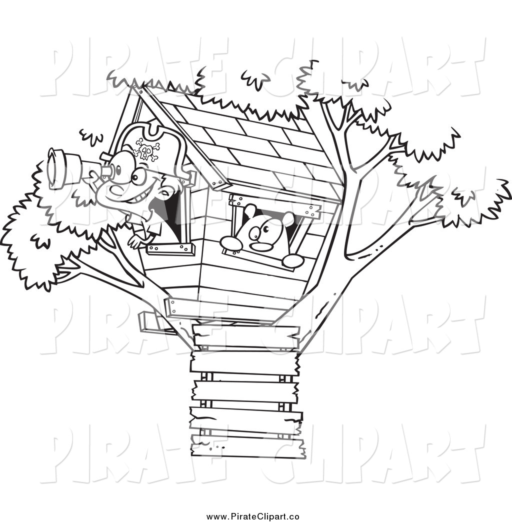 Vector Clip Art Of A Black And White Pirate Boy In His Tree House By    