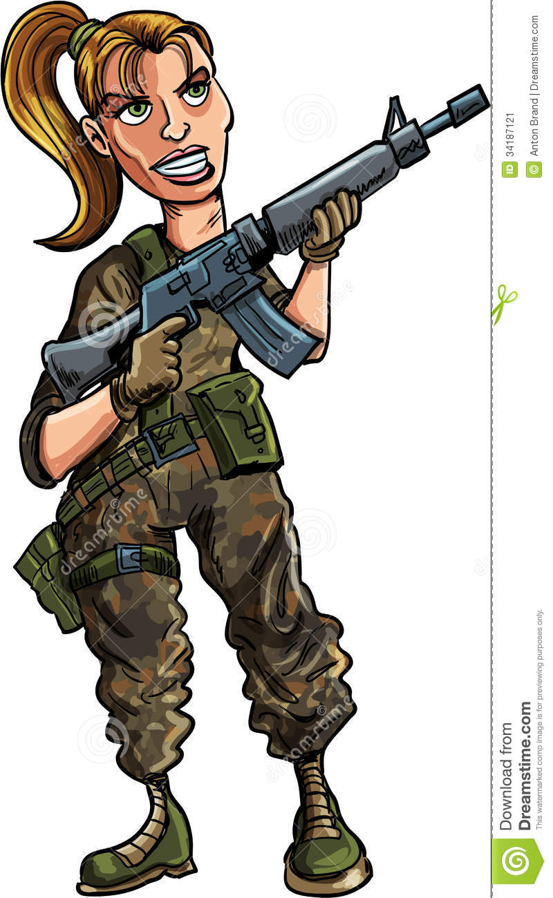 Cartoon Female Soldier With Assault Rifle  Isolated On White