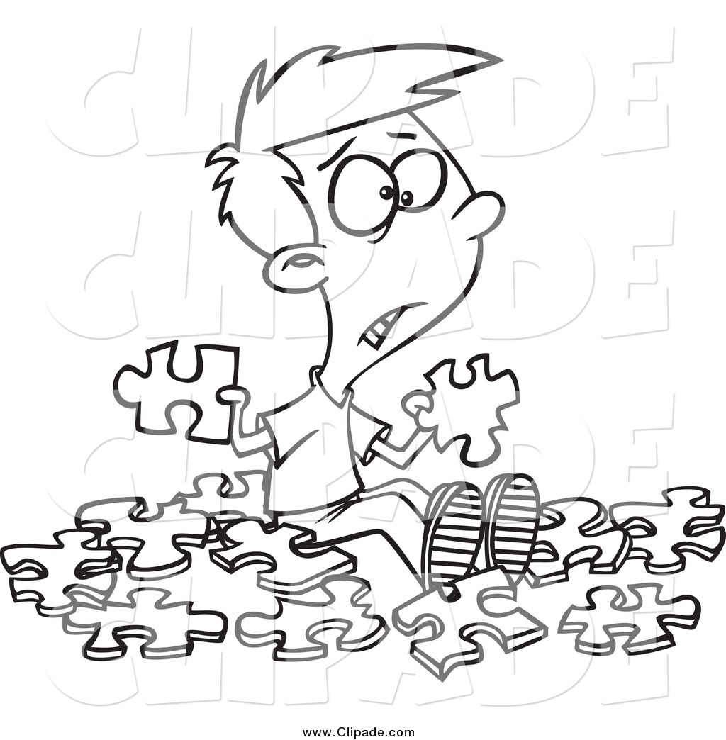 Clip Art Of A Black And White Confused Boy With Similar Puzzle Pieces    
