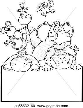 Vector Illustration   Outlined Jungle Animals With Blank Sign Board