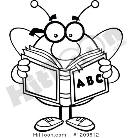 1209812 Cartoon Of A Black And White Bee Student Reading An Alphabet    