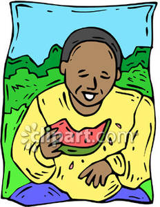 African American Person Eating Watermelon   Royalty Free Clipart