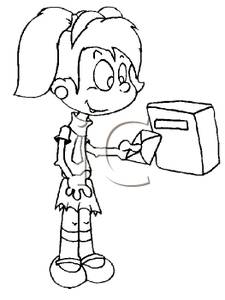 Black And White Cartoon Of A Girl Posting A Letter In A Mailbox