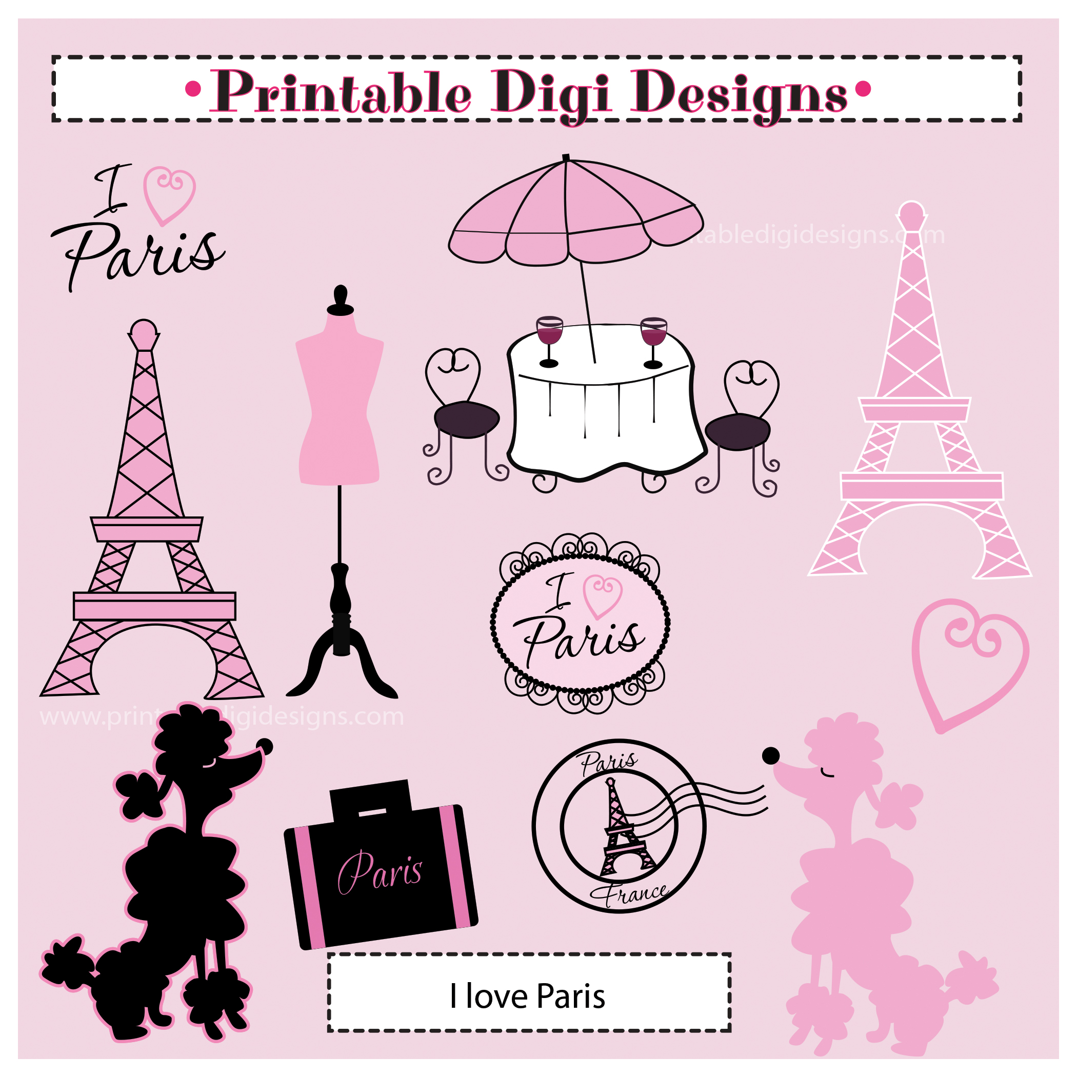 Love Paris Clipart Graphic Set   5 00 I Love Paris Clipart Graphic