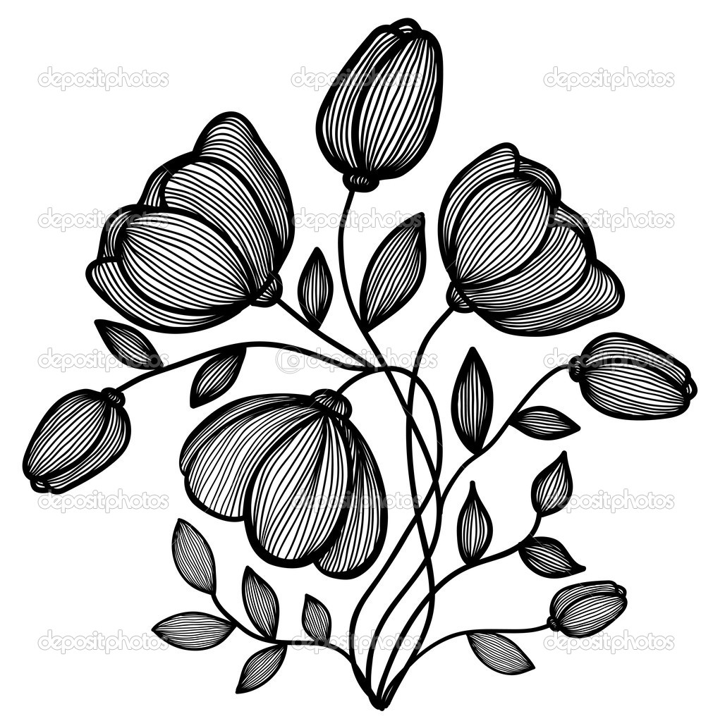 Abstract Black And White Flower Of The Lines  Single Isolated On White    
